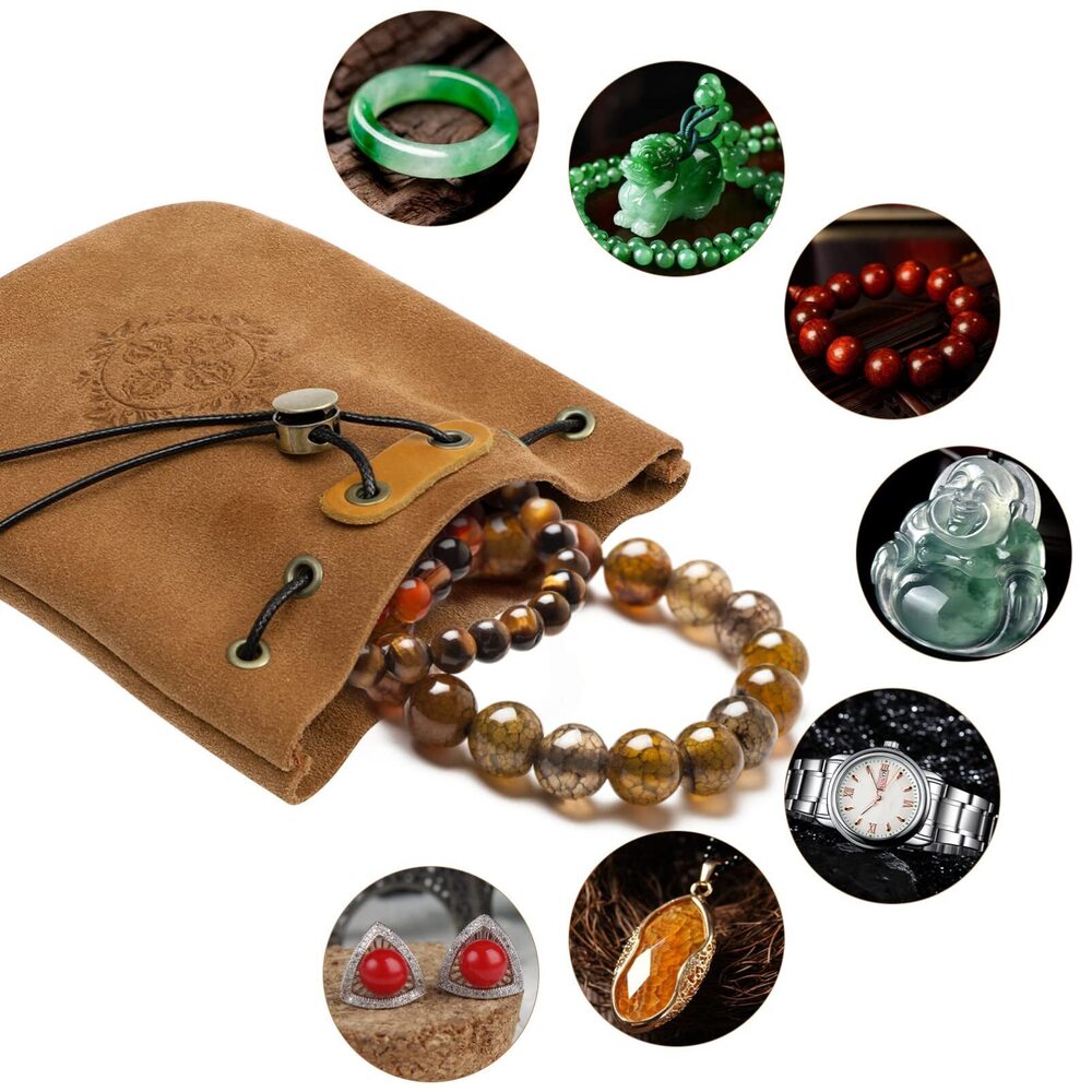 7208 Leather Drawstring Jewelry Pouch for Rings and Necklaces, Travel - Picture 8 of 9